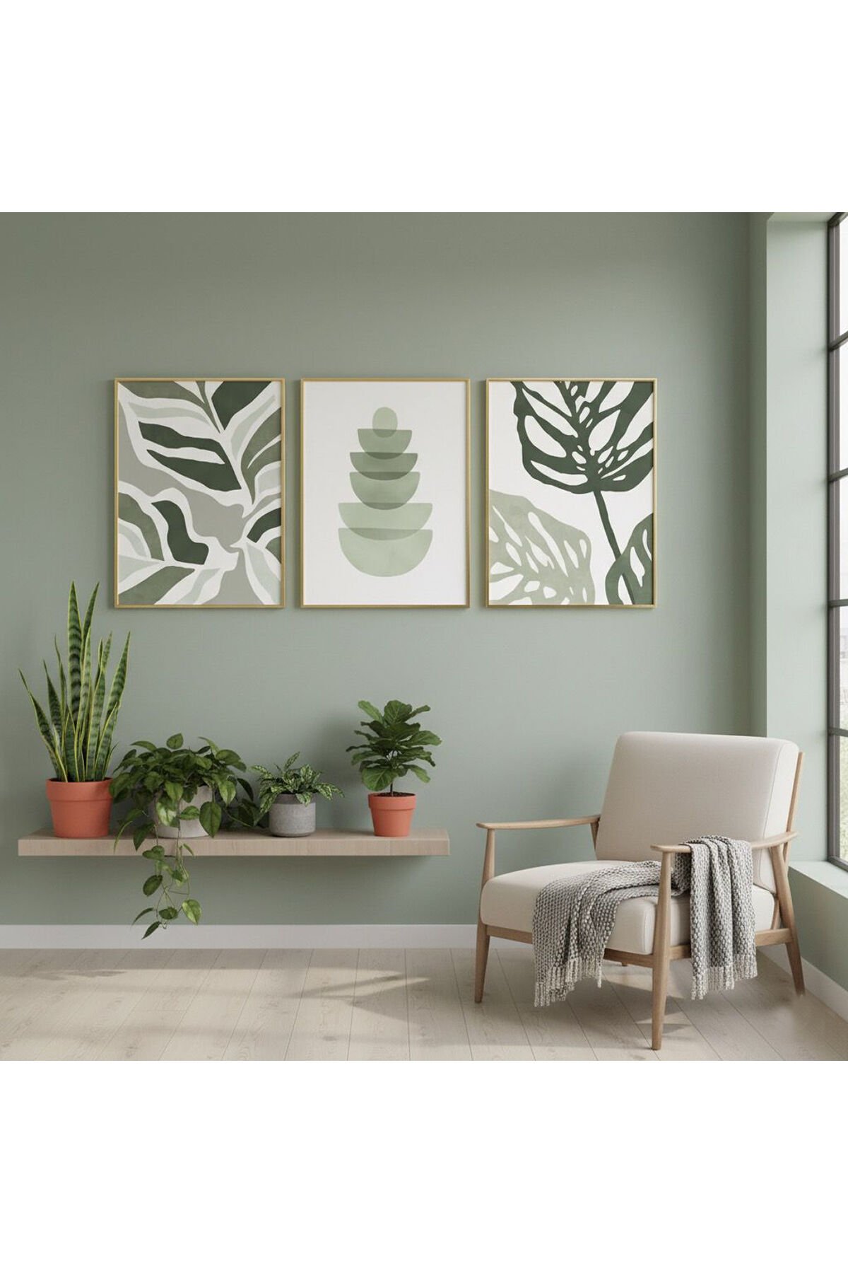 Üçlü Gold Metal Çerçeve Yeşil Soft Poster Cam Tablo Seti