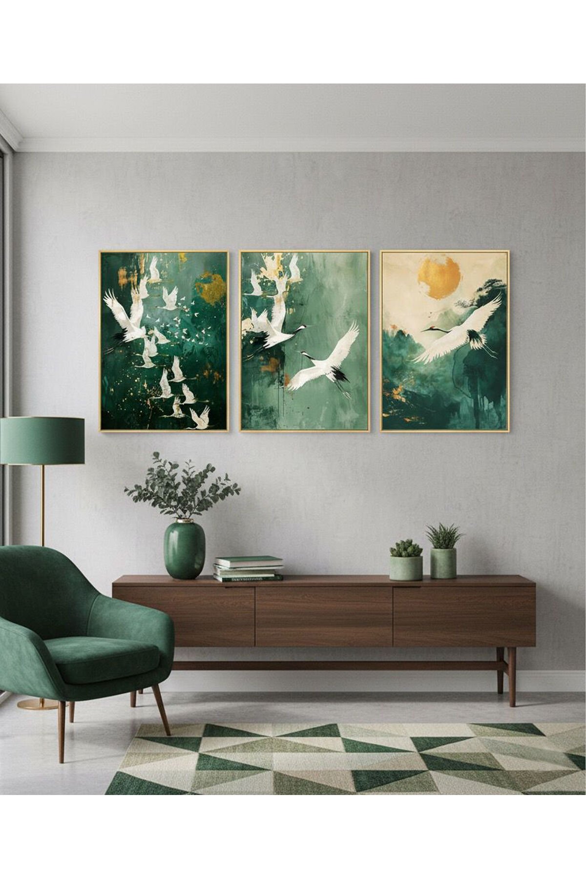Üçlü Gold Metal Çerçeve Yeşil Kuşlar Güneş Poster Cam Tablo Seti