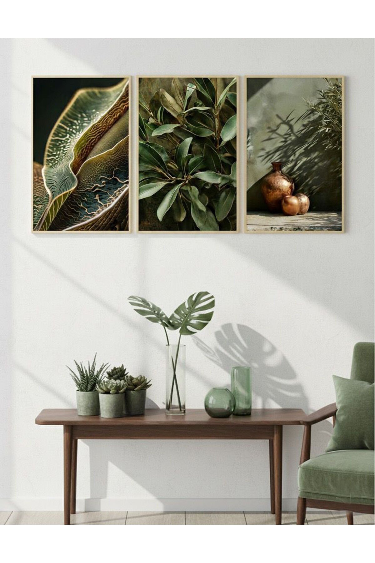 Üçlü Gold Metal Çerçeve Yeşil Testi Yaprak Poster Cam Tablo Seti