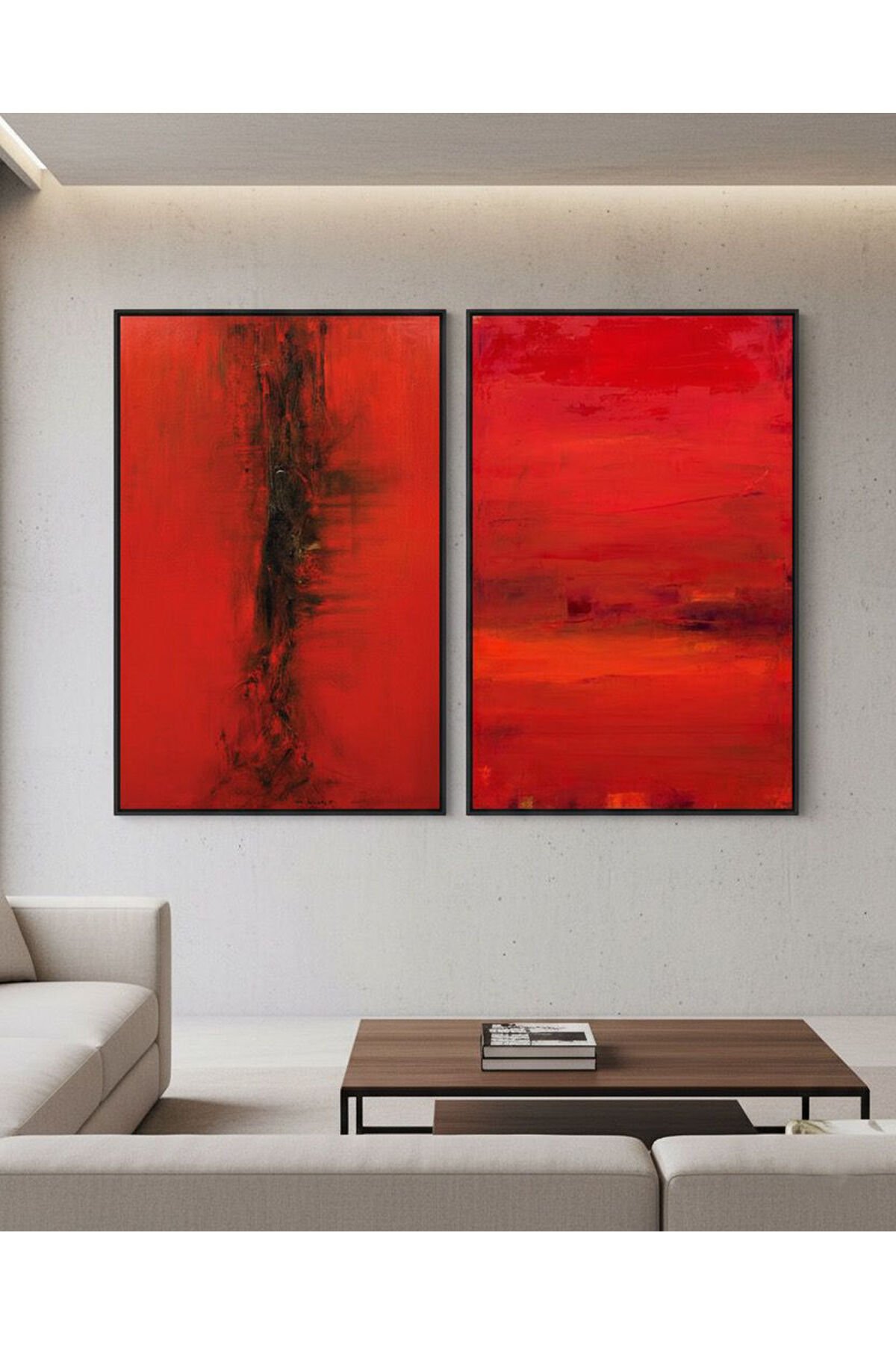 2li Siyah Metal Çerçeve Kırmızı Sanatsal Moda Camlı Tablo Seti