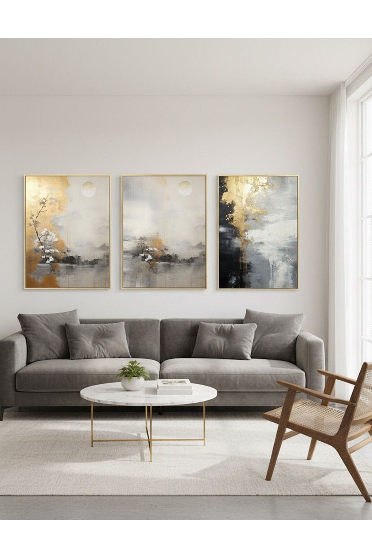 Üçlü Gold Metal Çerçeve Gri Çiçek Poster Cam Tablo Seti