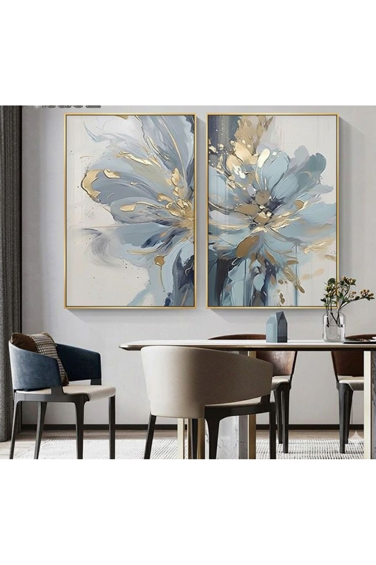 2li Gümüş Metal Çerçeve Mavi Çiçek Gerçek Cam Tablo Seti Altın - 50 X 70