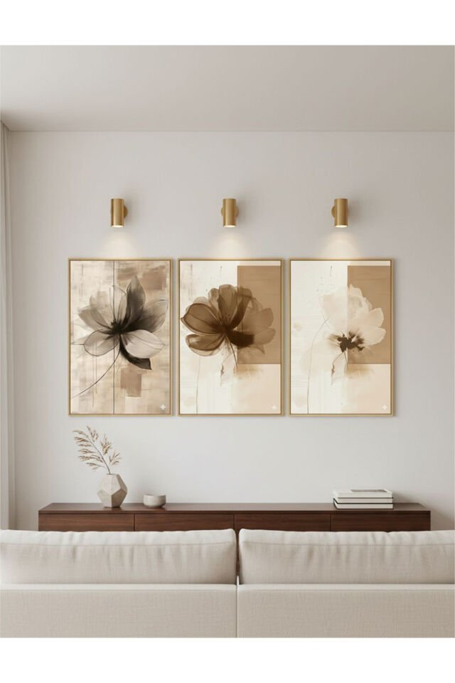 Üçlü Gold Metal Çerçeve Kahve Bej Çiçek Poster Camlı Tablo Seti