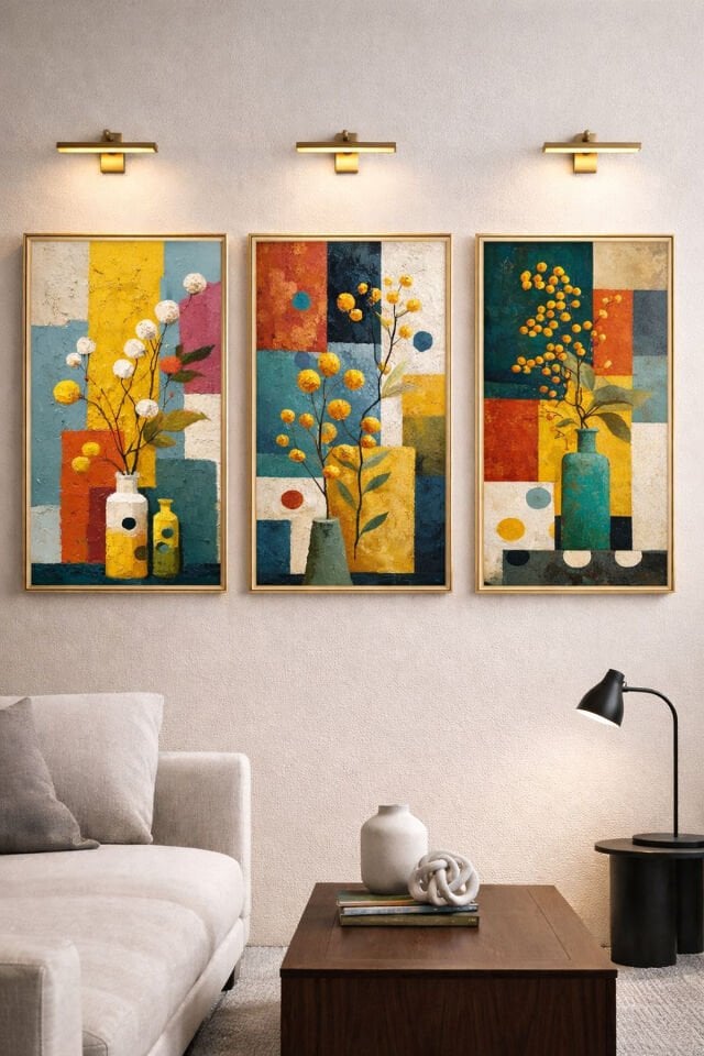 Üçlü Gold Metal Çerçeve Renkli Canlı Saksı Poster Camlı Tablo Seti