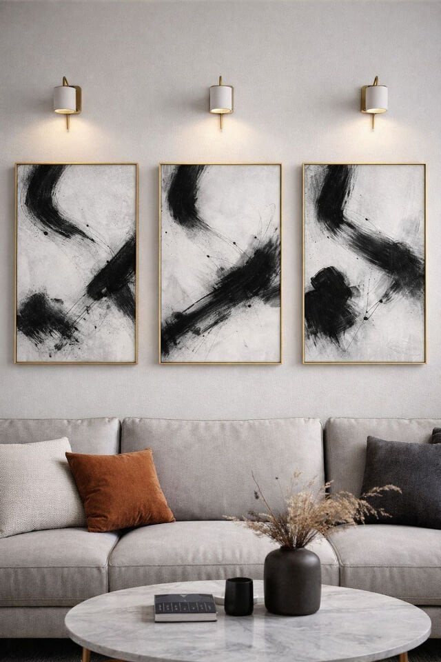 Üçlü Gold Metal Çerçeve Siyah Beyaz Modern Poster Camlı Tablo Seti