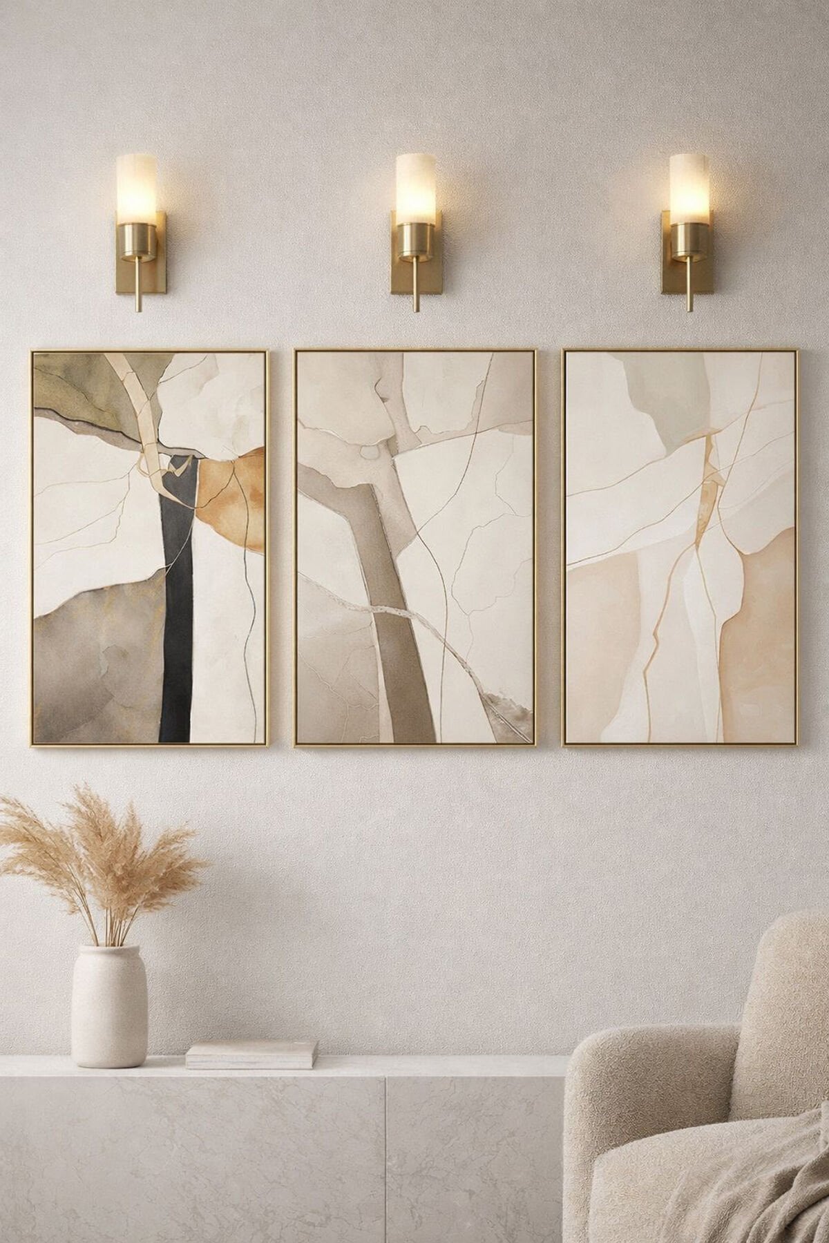 Üçlü Gold Metal Çerçeve Soft Mermer Desen Poster Camlı Tablo Seti