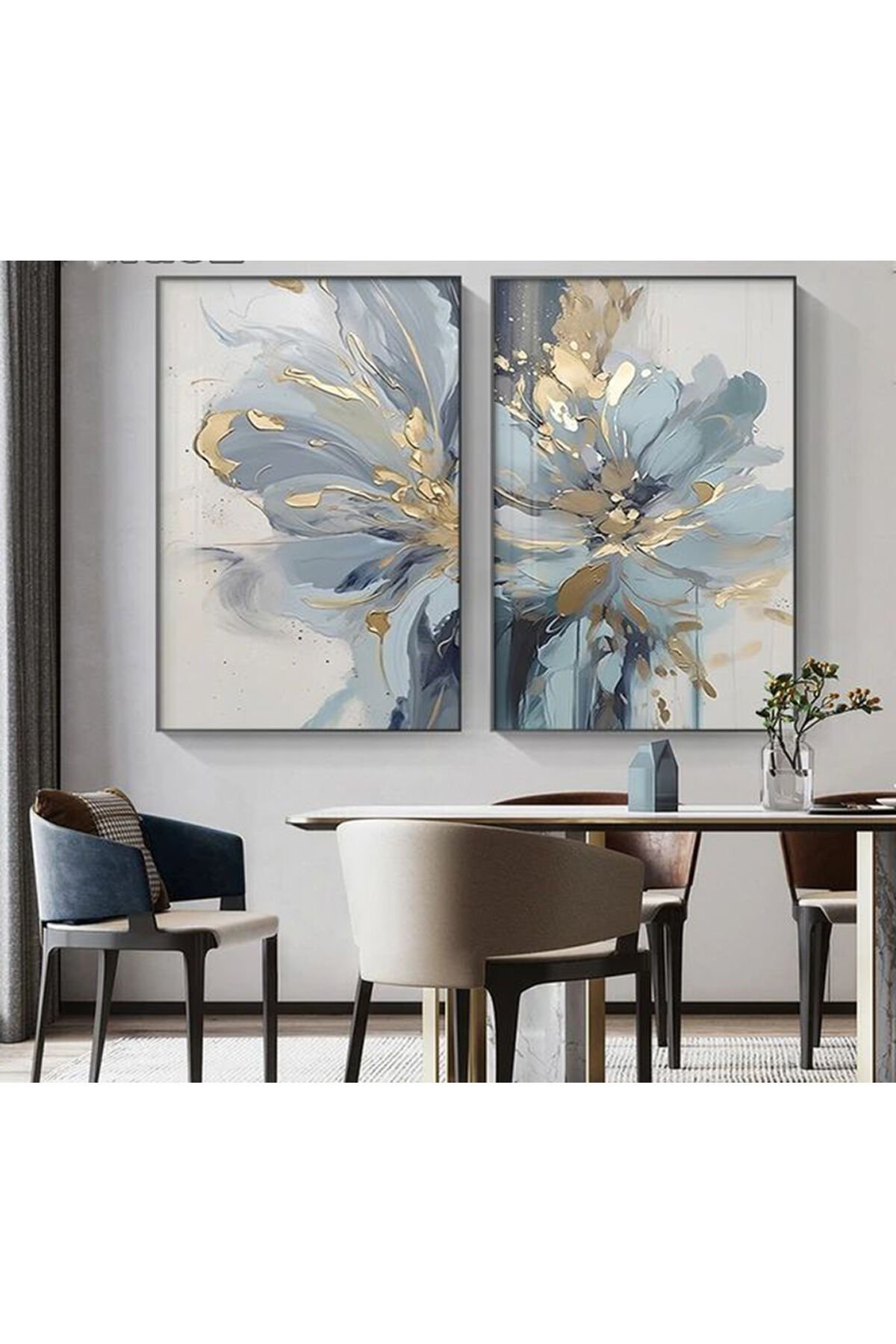 2li Gümüş Metal Çerçeve Mavi Çiçek Gerçek Cam Tablo Seti Si̇yah - 40 X 60