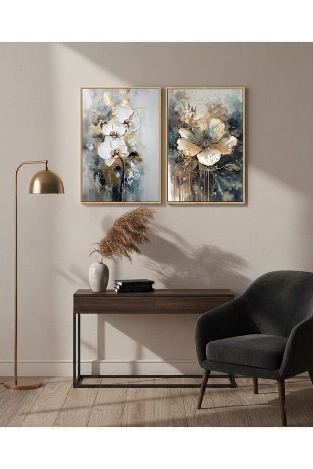 2li Gold Metal Çerçeve Lacivert Beyaz Çiçek Camlı Tablo Seti