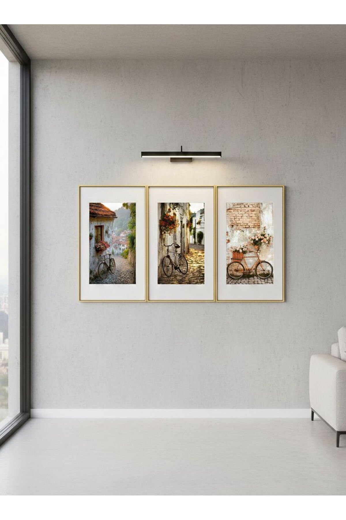 Üçlü Gold Metal Çerçeve Bisiklet Pastel Fotoğraf Poster Camlı Tablo Seti