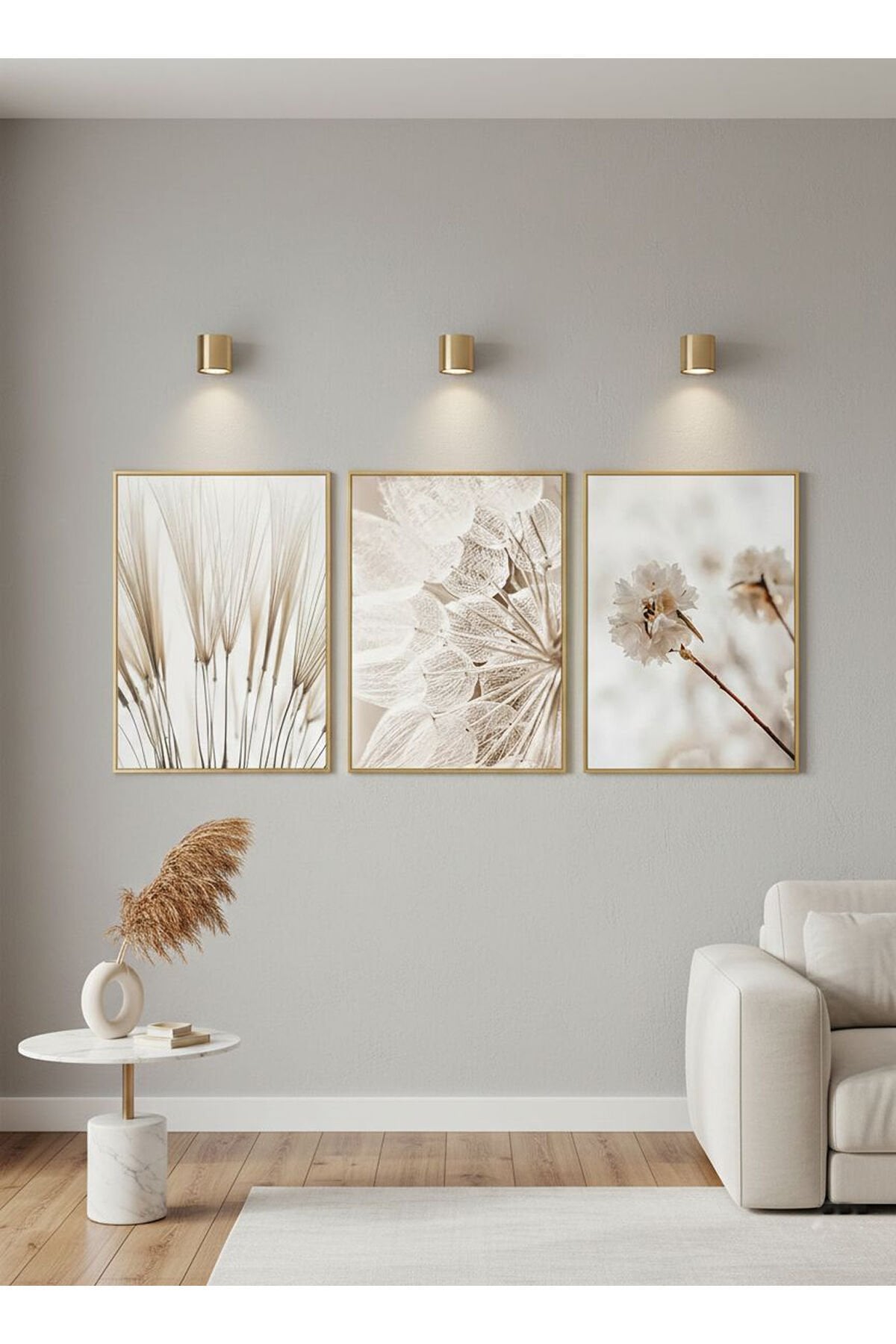 Üçlü Gold Metal Çerçeve Soft Krem Çiçek Poster Camlı Tablo Seti