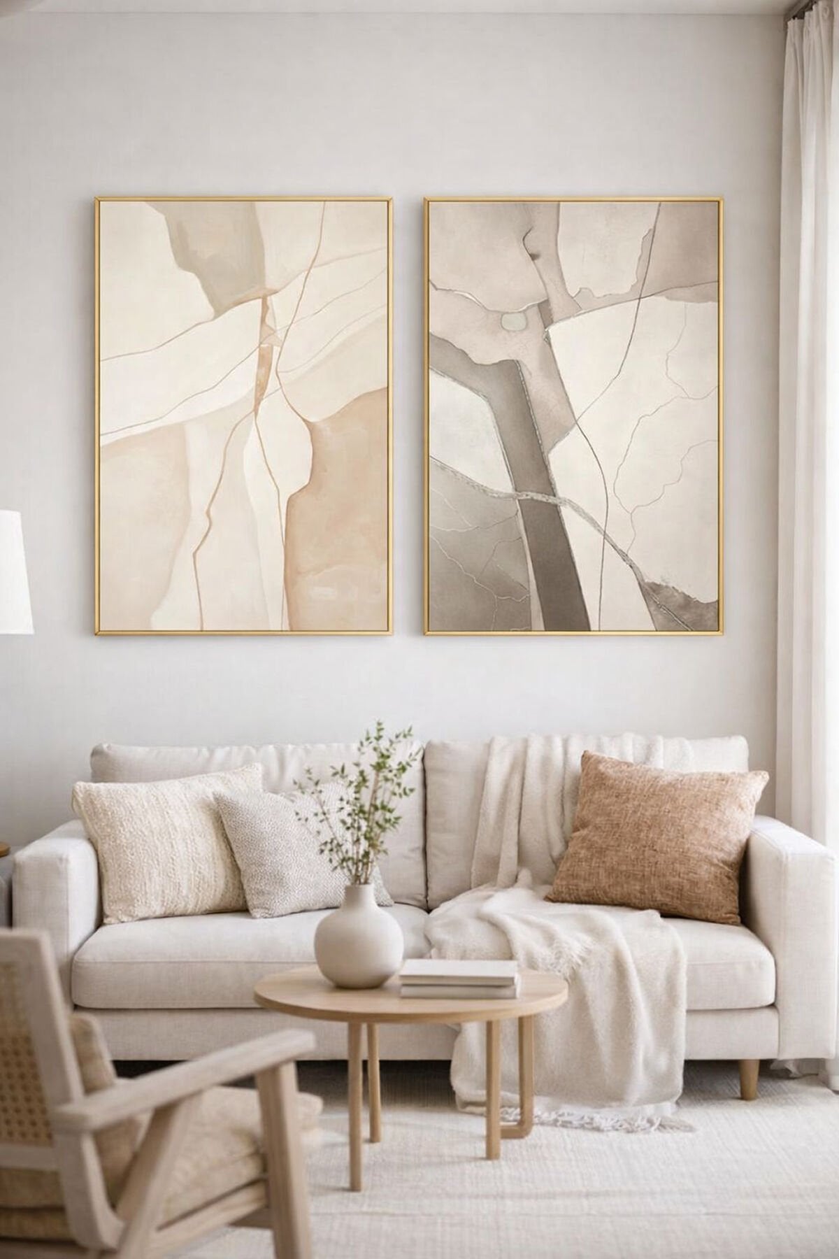 2li Gold Metal Çerçeve Soft Krem Kahve Mermer Camlı Poster Tablo Seti