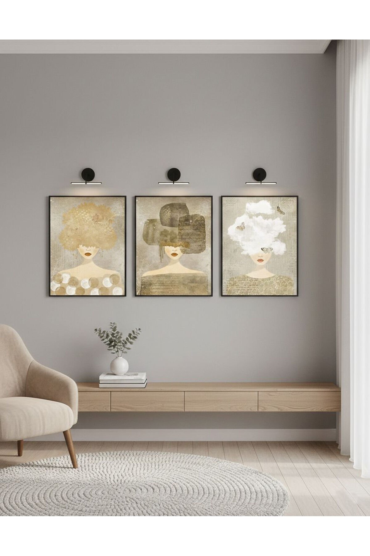 Üçlü Siyah Metal Beyaz Sanatsal Kadınlar Pastel Tonlar Poster Camlı Tablo Seti