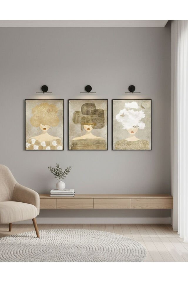 Üçlü Siyah Metal Beyaz Sanatsal Kadınlar Pastel Tonlar Poster Camlı Tablo Seti