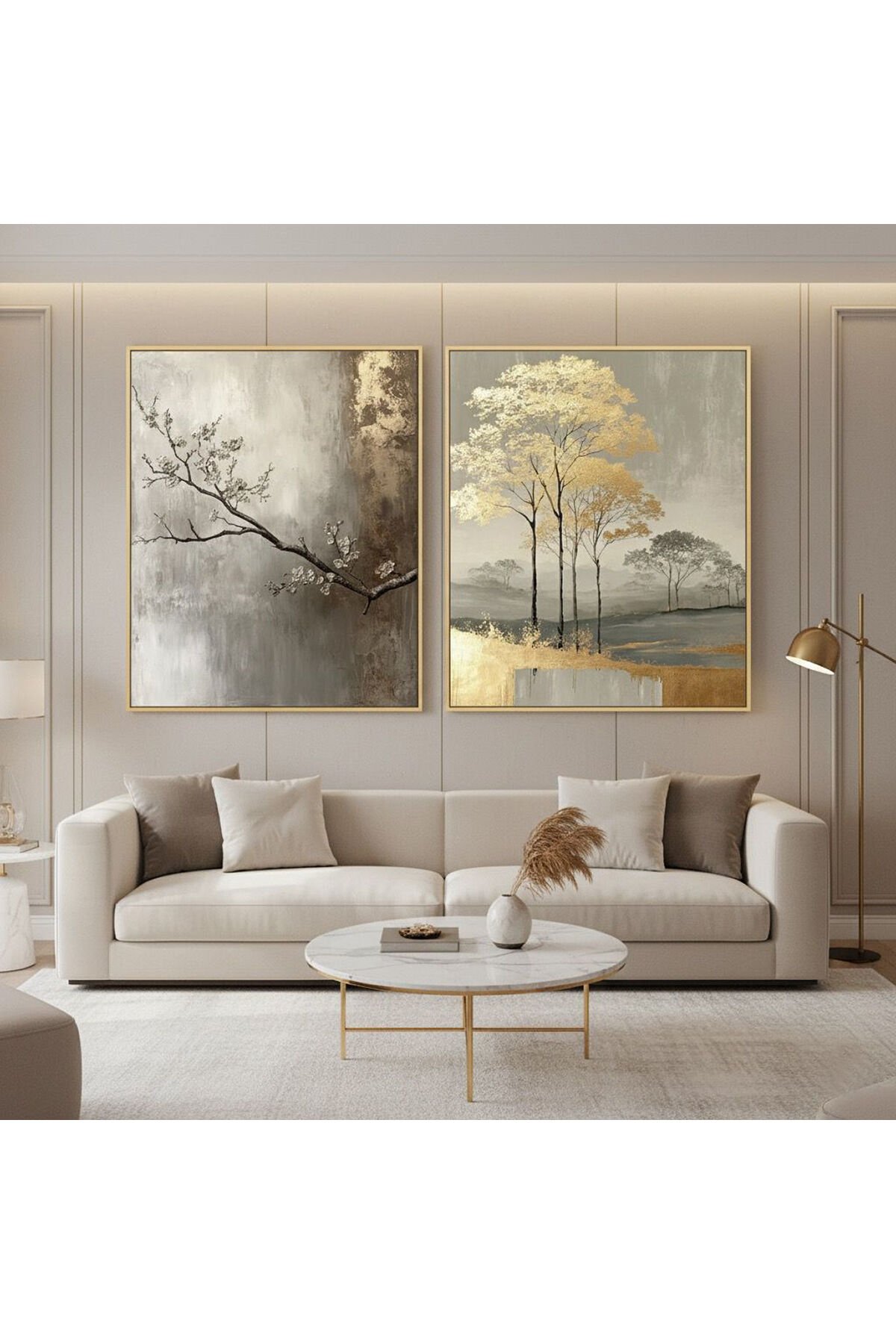 2li Gold Metal Çerçeve Gri Ağaç Camlı Tablo Seti