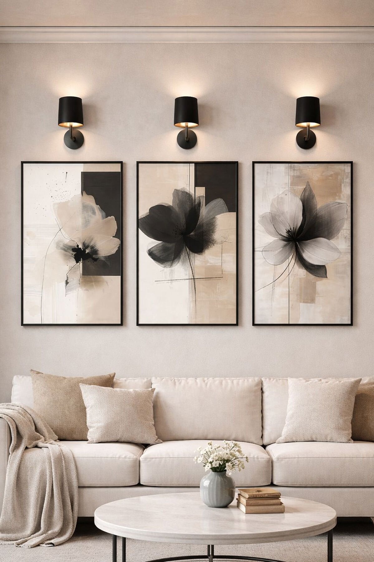 Üçlü Siyah Metal Beyaz Siyah Çiçek Moda Poster Camlı Tablo Seti