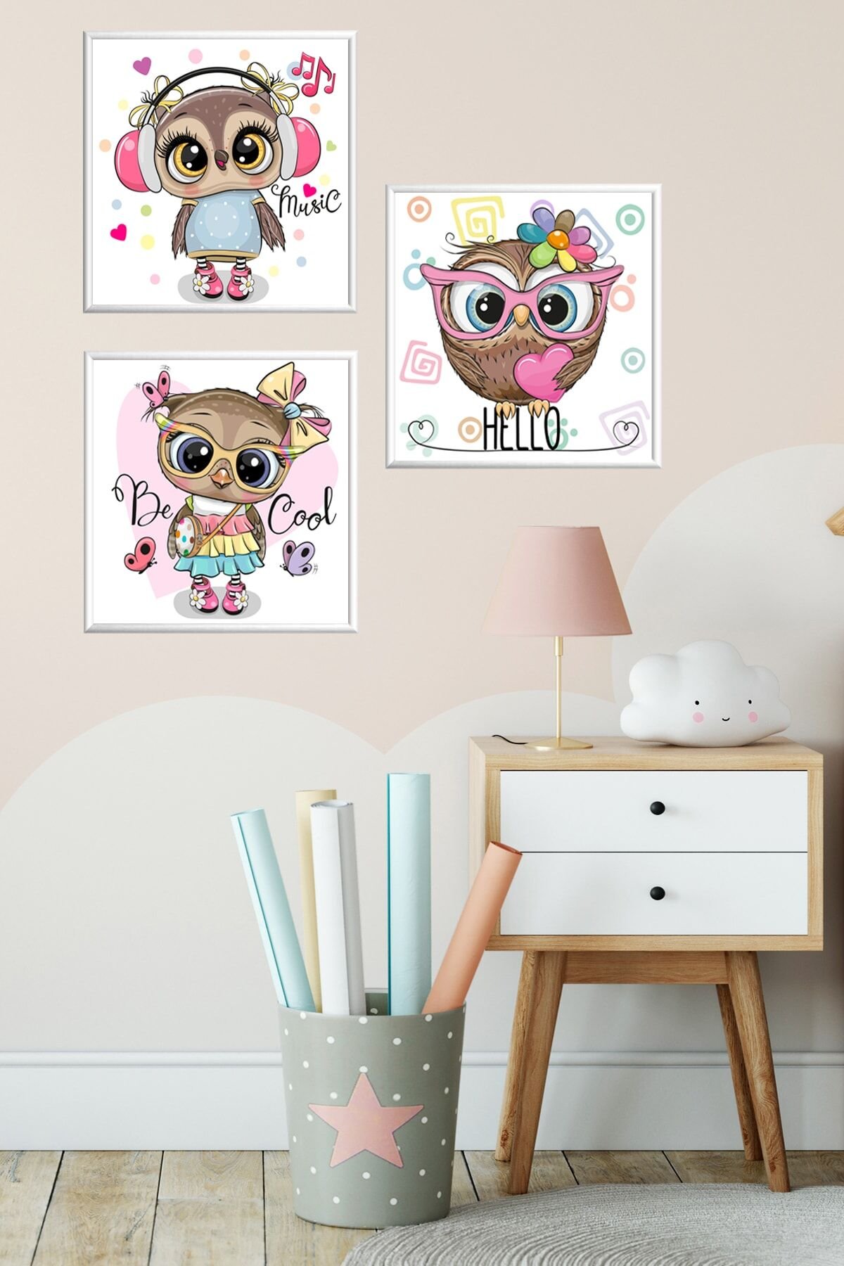 Üçlü Çocuk Odası Alüminyum Beyaz Metal Çerçeveli Camlı Kids Poster Tablo Seti