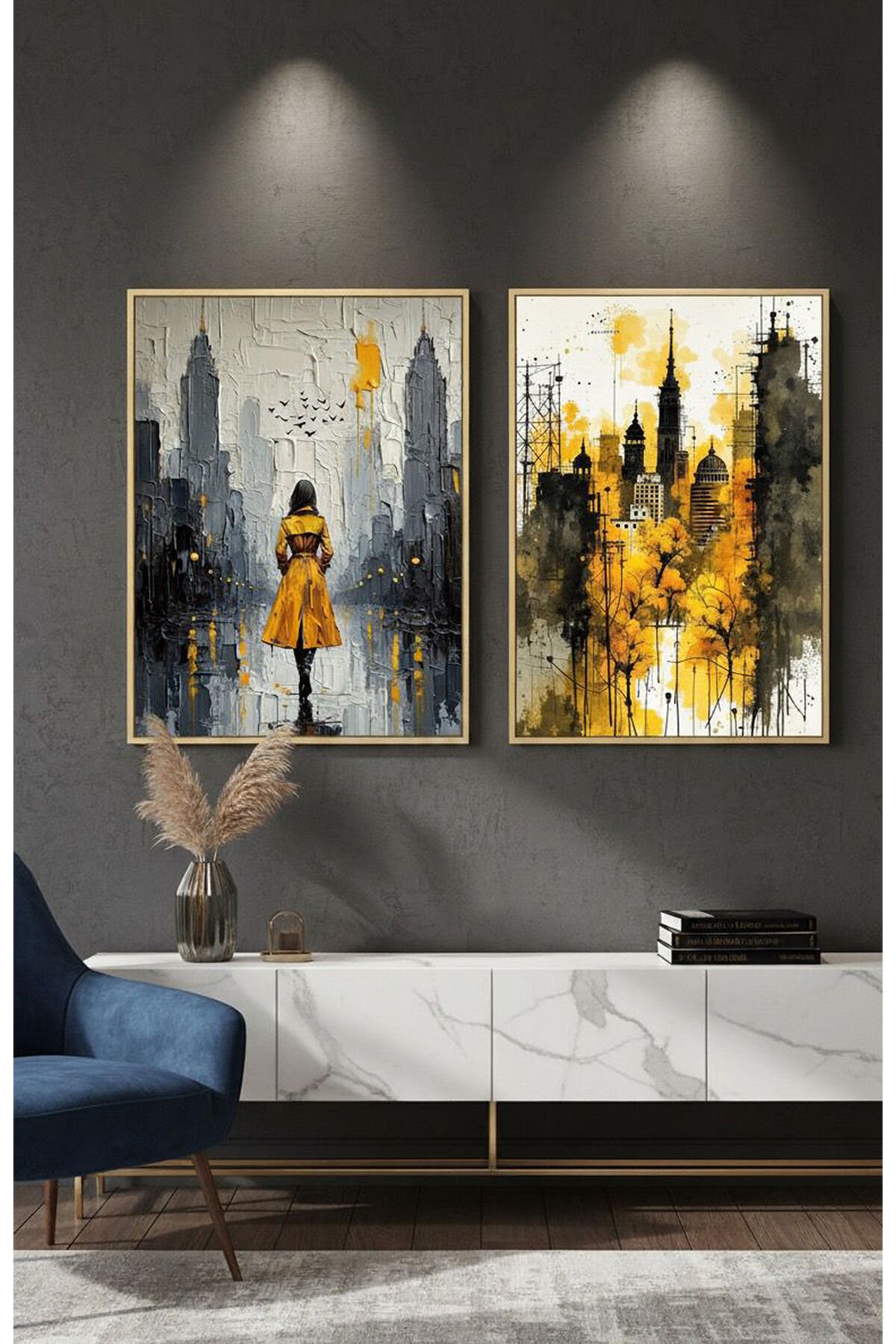 2li Gold Metal Çerçeve Sarı Şehir Camlı Tablo Seti