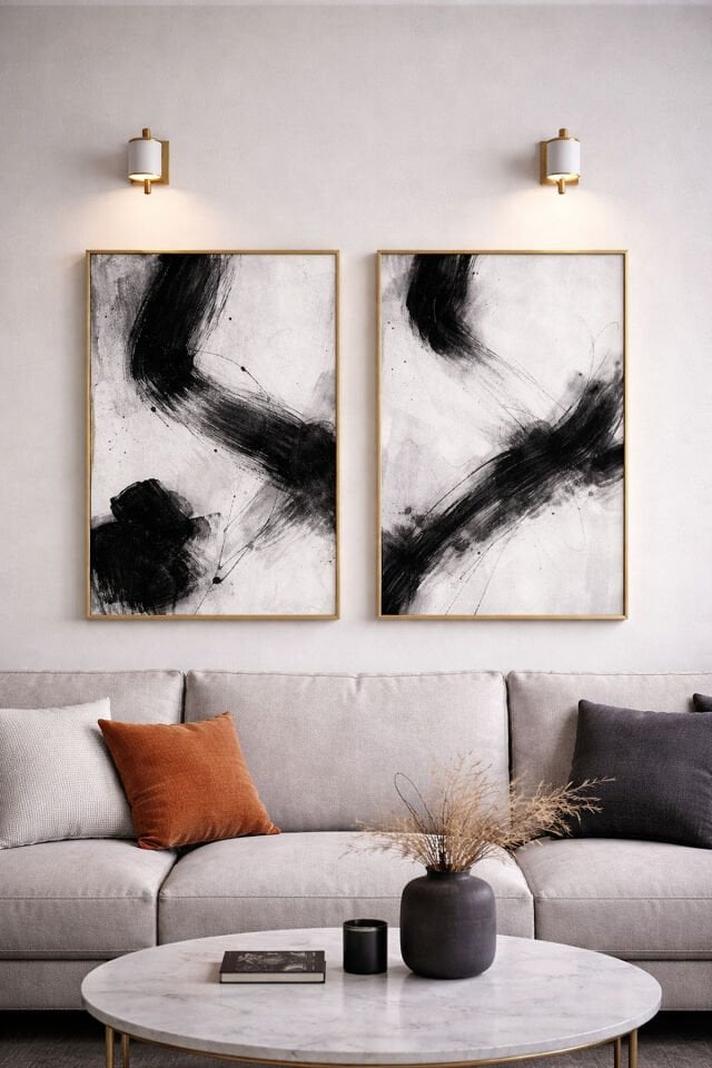 2li Gold Metal Çerçeve Siyah Beyaz Gerçek Camlı Poster Tablo Seti