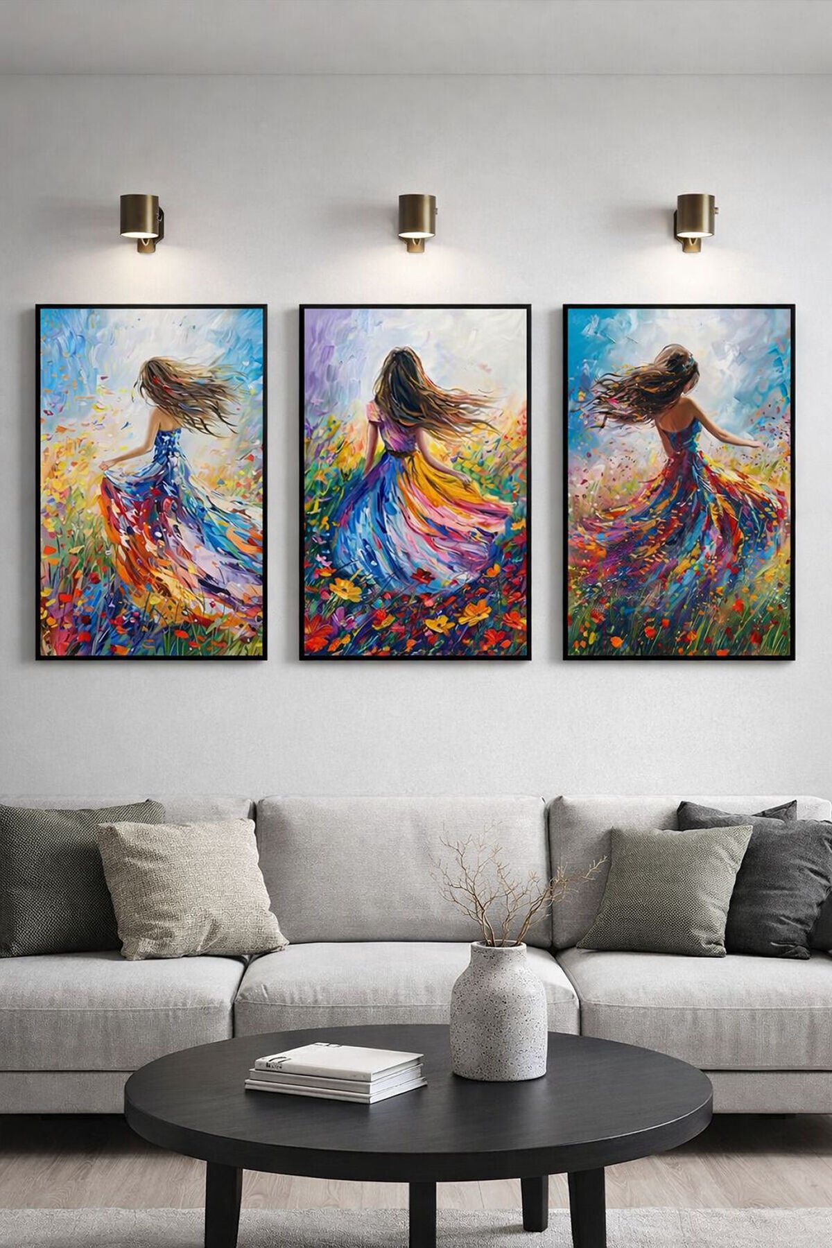 Üçlü Siyah Metal Beyaz Renkli Canlı Çiçekler Poster Camlı Tablo Seti