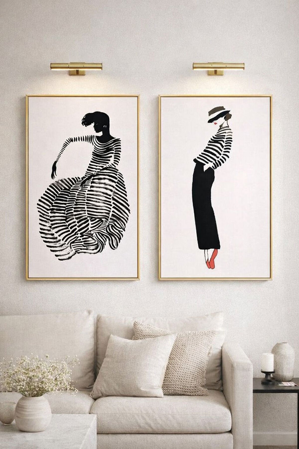 İkili Gold Metal Çerçeve Siyah Beyaz Kadın Camlı Poster Tablo Seti