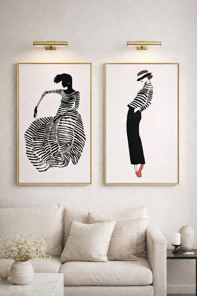 İkili Gold Metal Çerçeve Siyah Beyaz Kadın Camlı Poster Tablo Seti