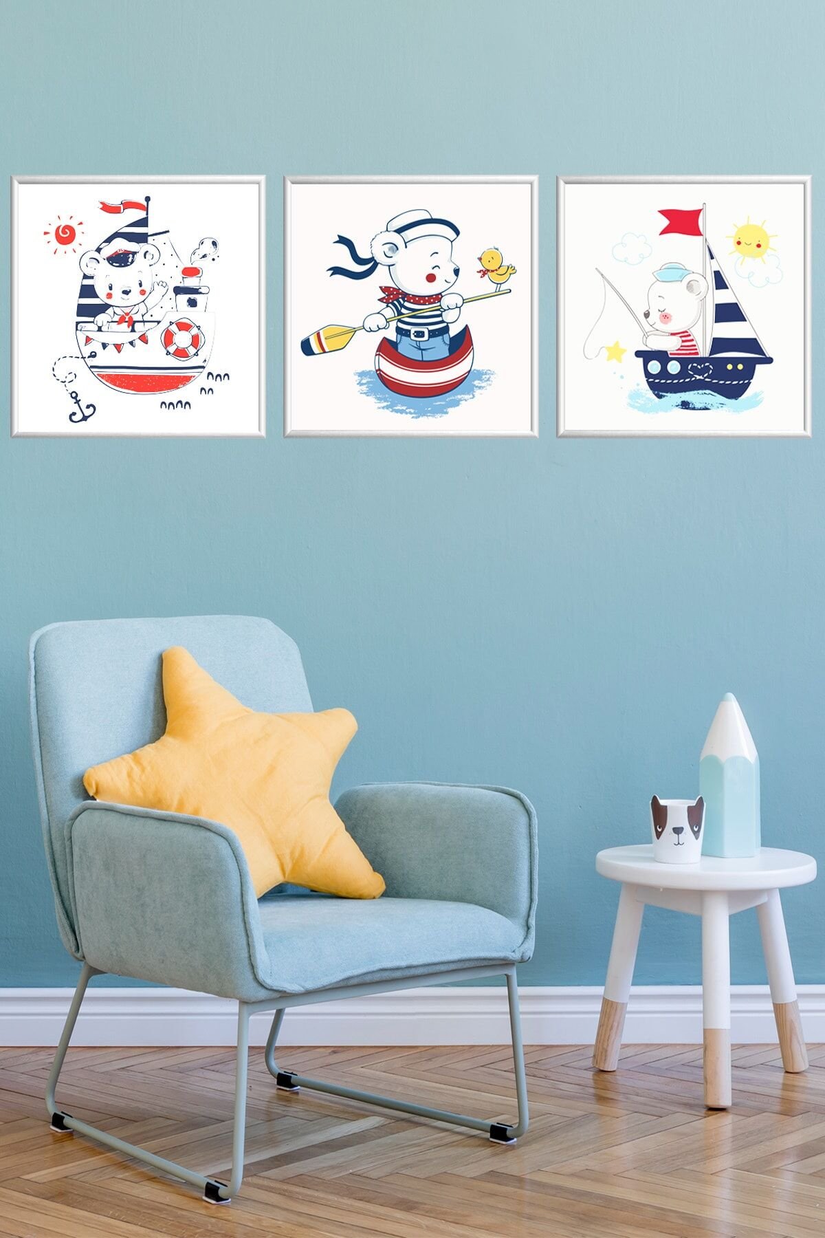 Üçlü Çocuk Odası Alüminyum Beyaz Metal Çerçeveli Camlı Kids Poster Tablo Seti