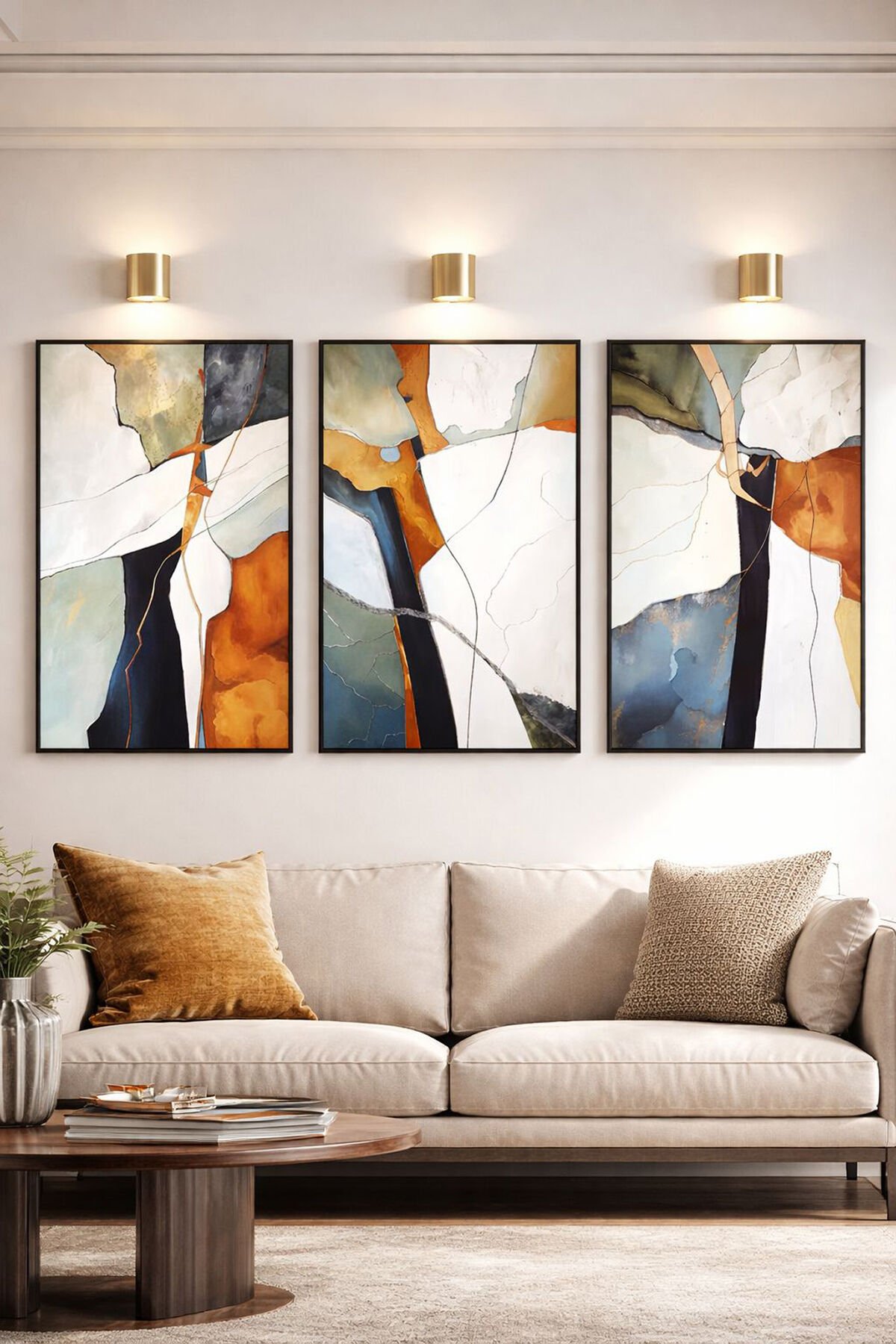 Üçlü Siyah Metal Beyaz Soyut Desen Modern Poster Camlı Tablo Seti