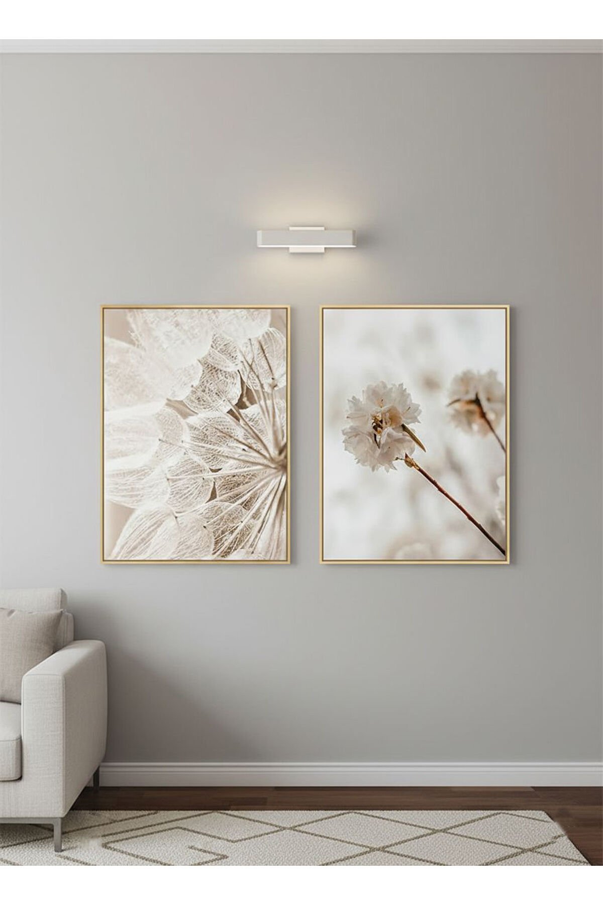 İkili Gold Metal Çerçeve Soft Çiçek Camlı Poster Tablo Seti