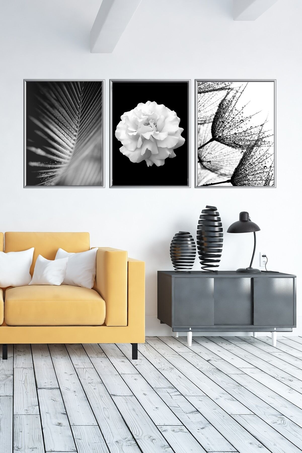 Üçlü Gümüş Renkli Alüminyum Metal Çerçeveli Camlı Poster Tablo Seti