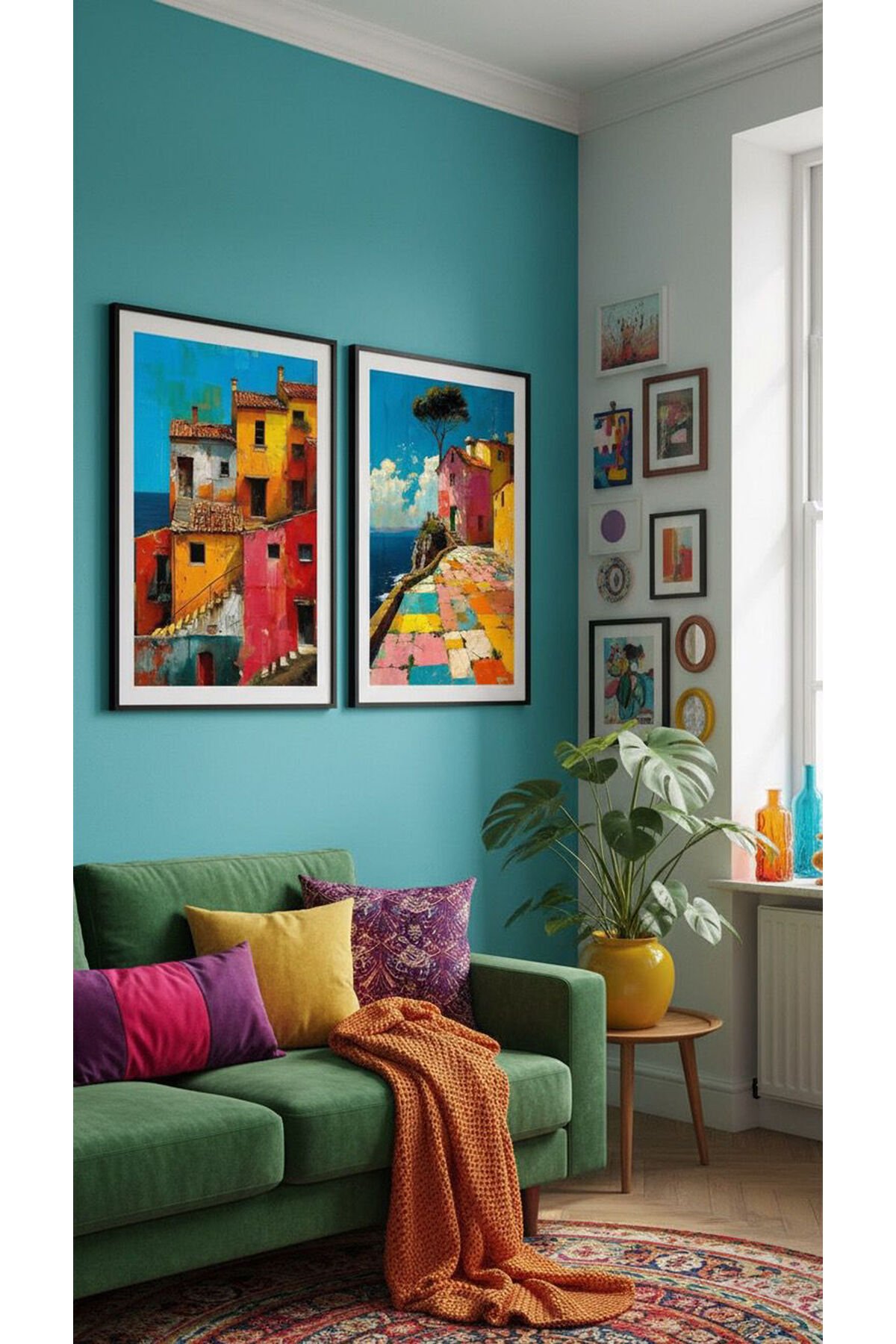 2li Siyah Metal Çerçeve Renkli Ev Akdeniz Camlı Tablo Seti