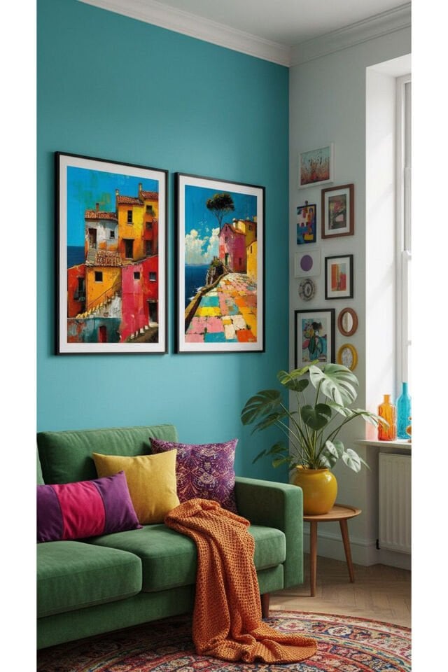 2li Siyah Metal Çerçeve Renkli Ev Akdeniz Camlı Tablo Seti