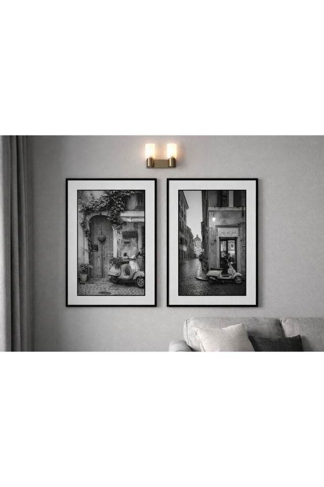 İkili Siyah Metal Çerçeve Siyah Beyaz Fotoğraf Motorsiklet Camlı Tablo Seti