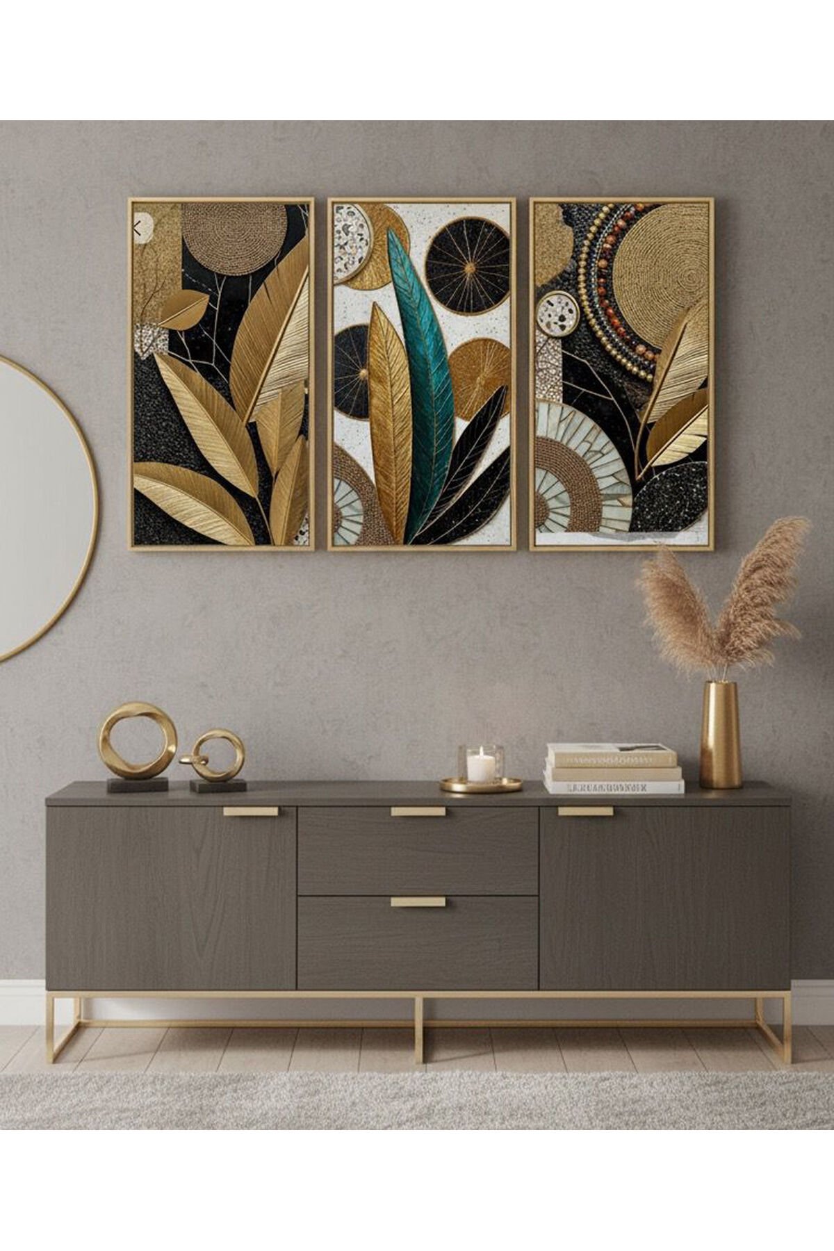 Üçlü Gold Metal Çerçeve Yaprak Siyah Poster Cam Tablo Seti