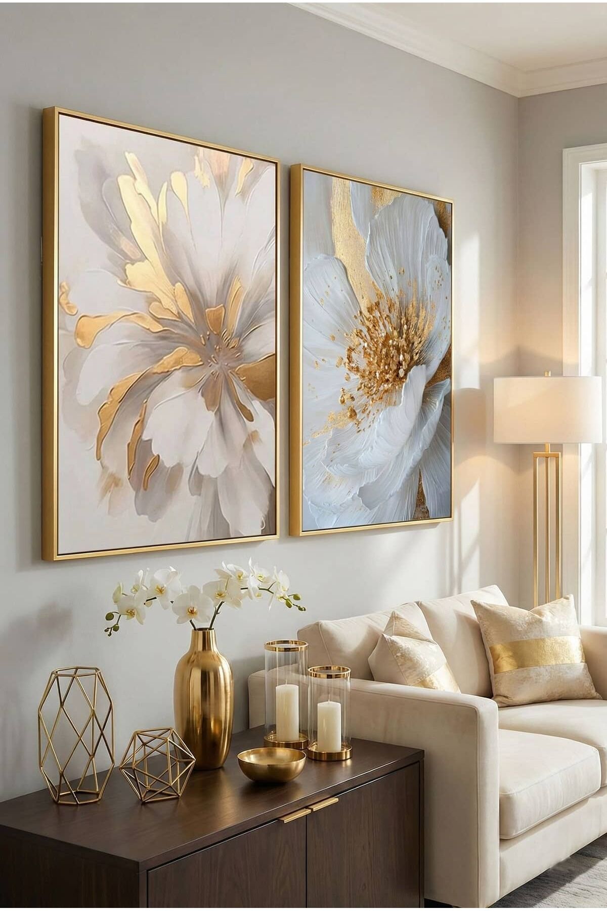 İkili Gold Metal Çerçeve Şık Çiçek Beyaz Camlı Poster Tablo Seti