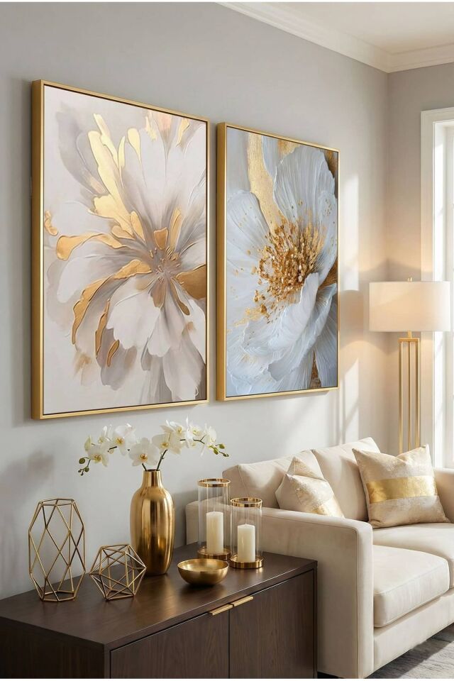 İkili Gold Metal Çerçeve Şık Çiçek Beyaz Camlı Poster Tablo Seti