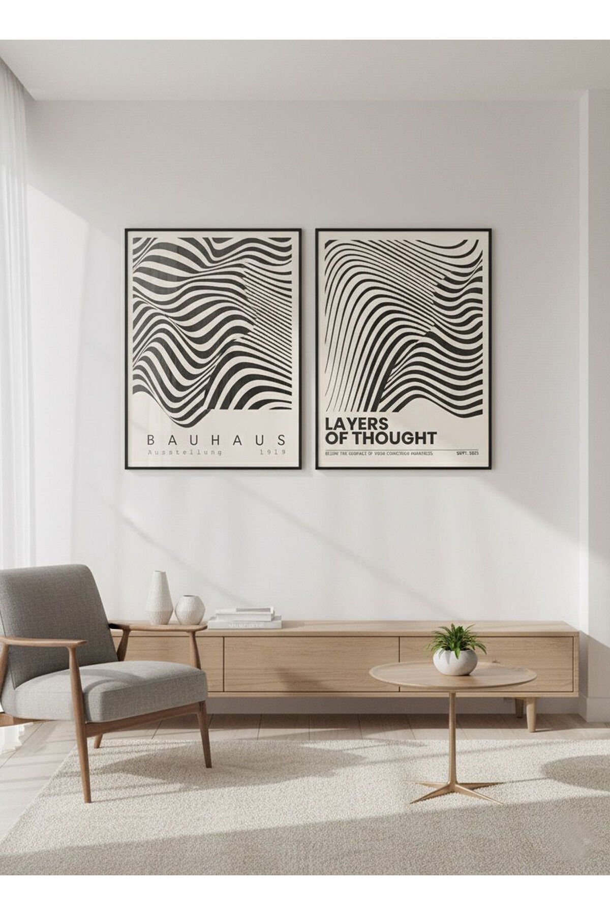 2li Siyah Metal Çerçeve Beyaz Dalgalar Camlı Tablo Seti