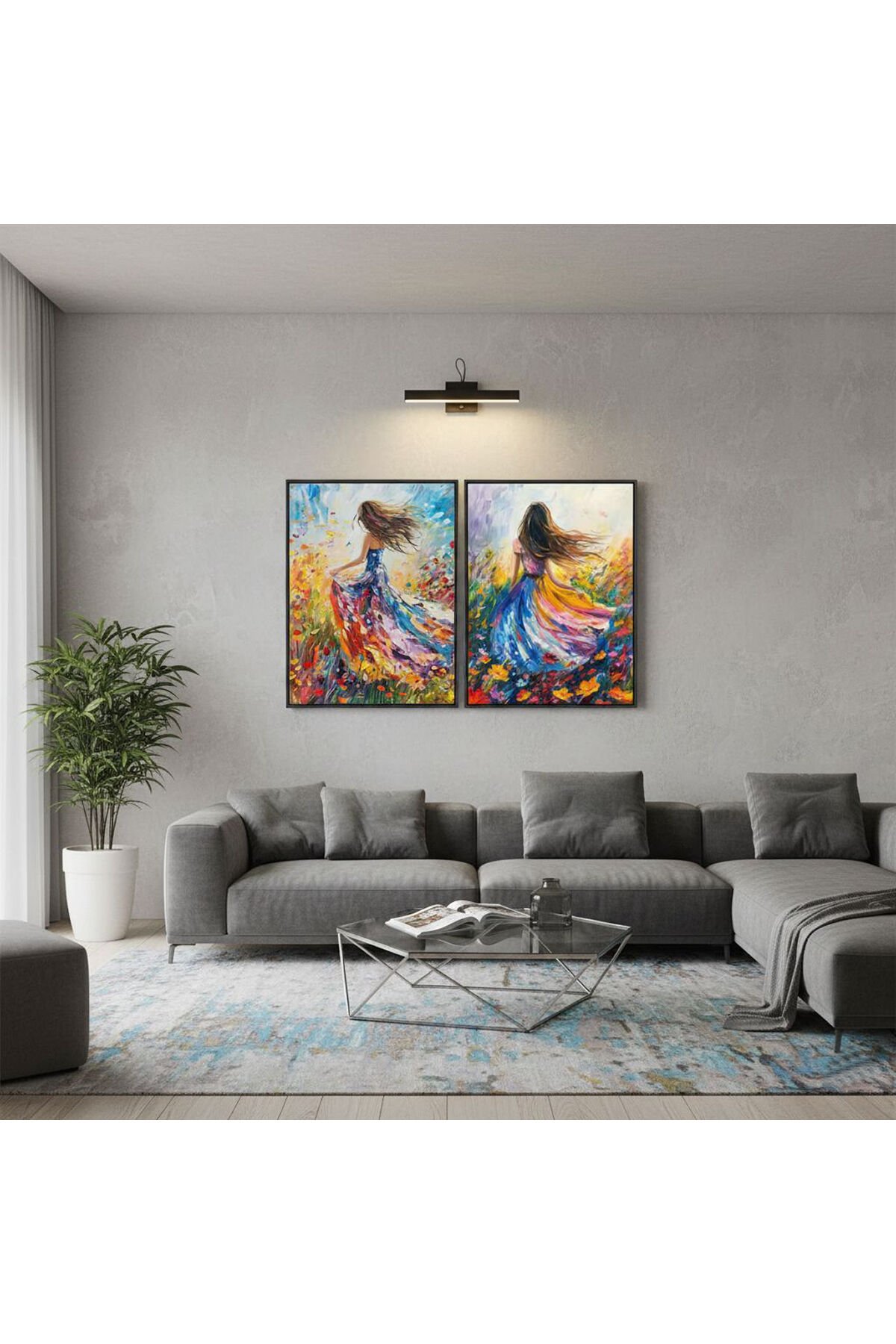 İkili Siyah Metal Çerçeve Renkli Çiçek Camlı Tablo Seti