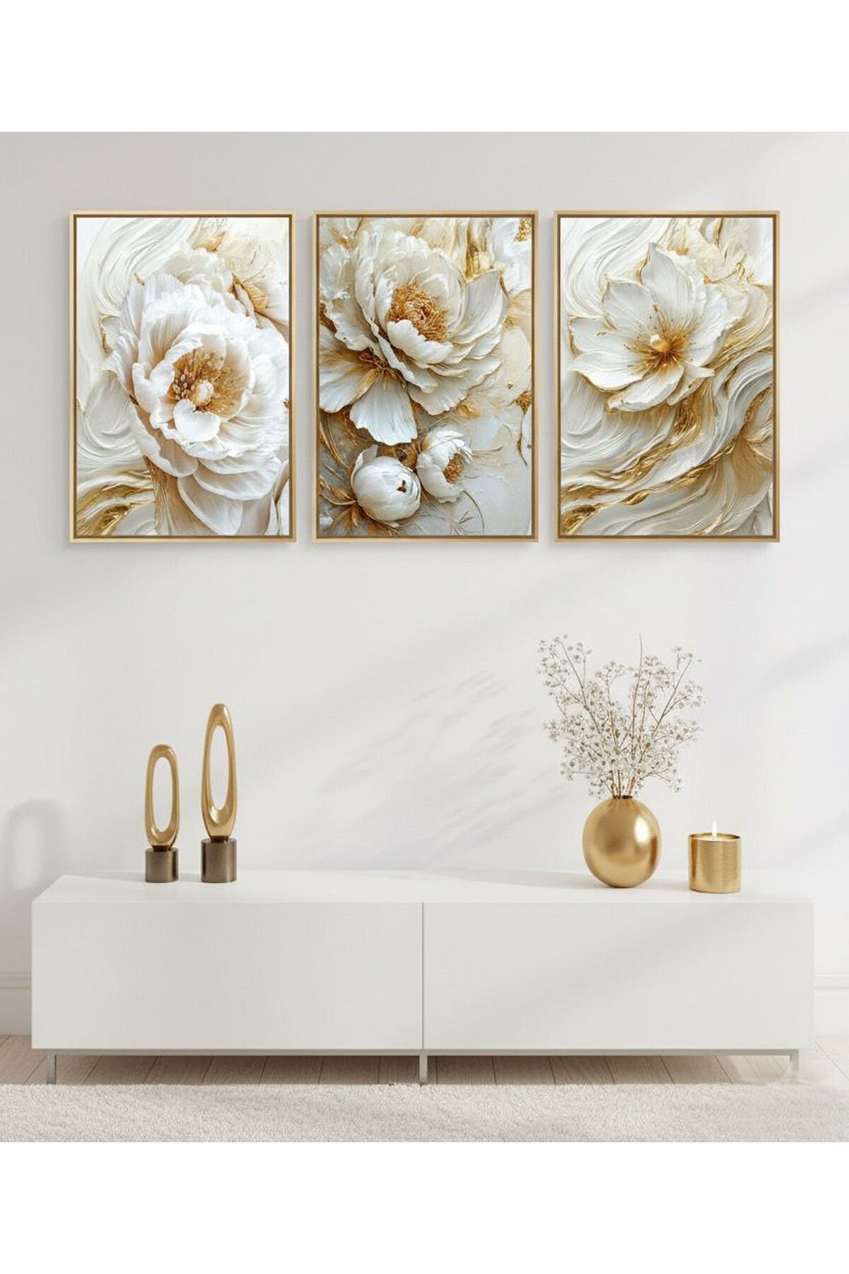 Üçlü Gold Metal Çerçeve Beyaz Çiçek Poster Cam Tablo Seti