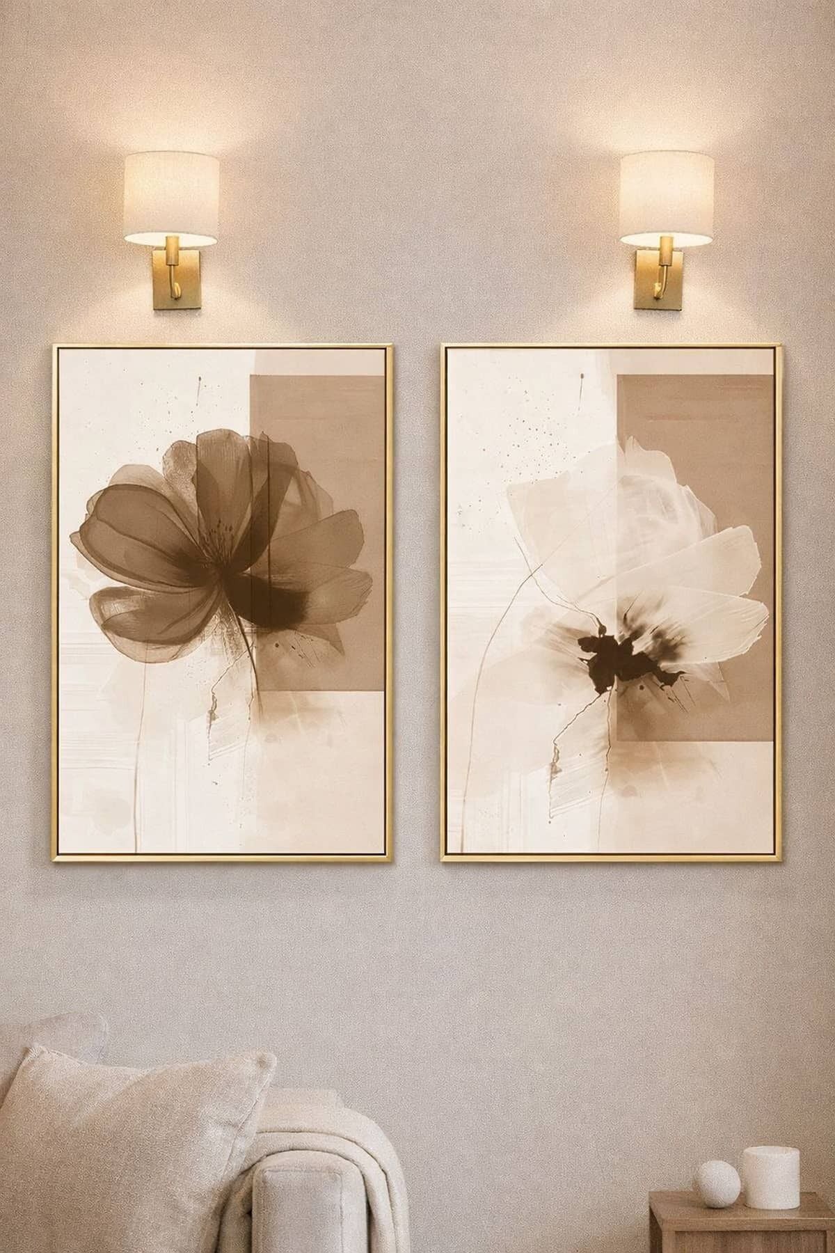 İkili Gold Metal Çerçeve Soft Kahve Bej Krem Gerçek Camlı Poster Tablo Seti