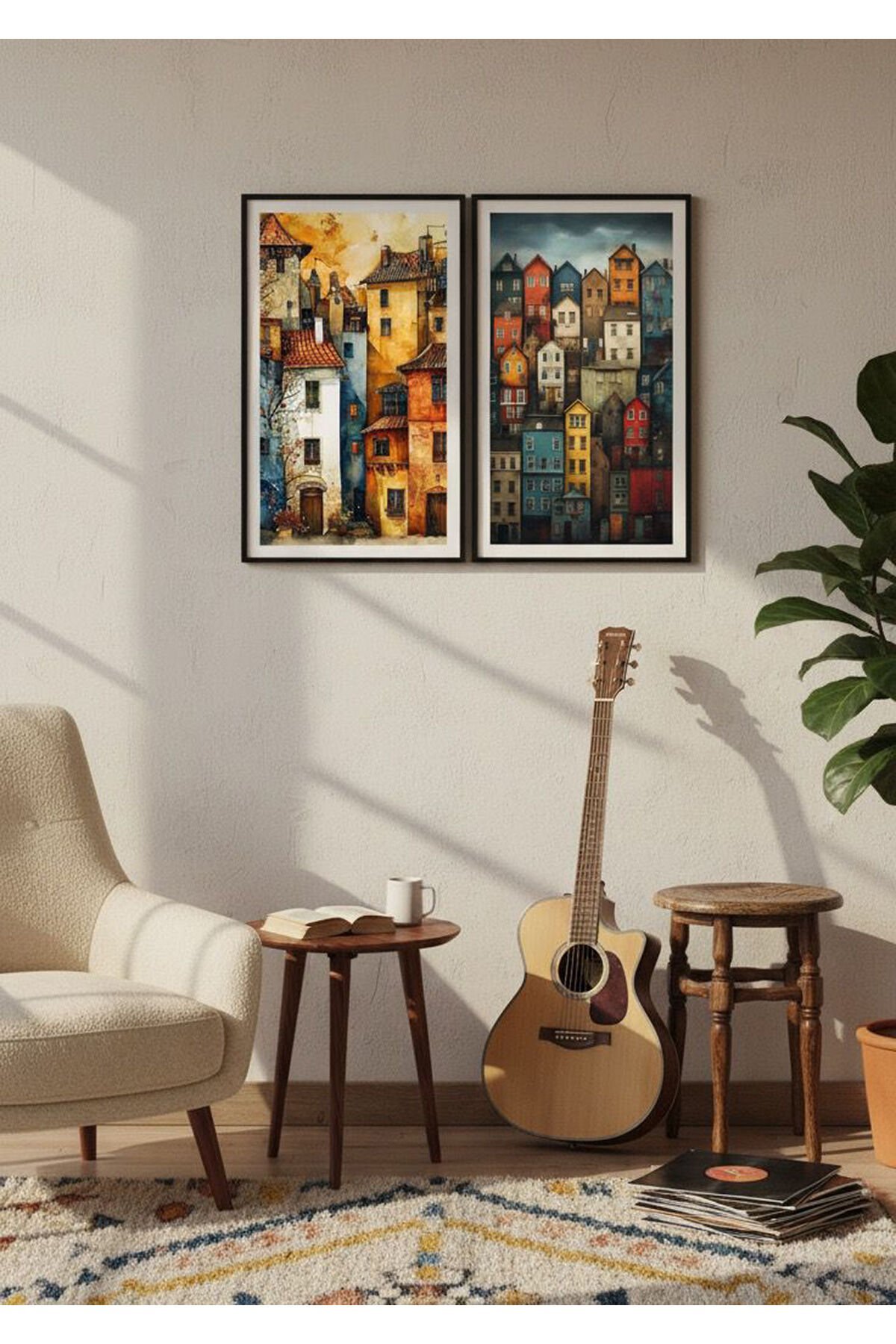 İkili Siyah Metal Çerçeve Renkli Binalar Camlı Tablo Seti