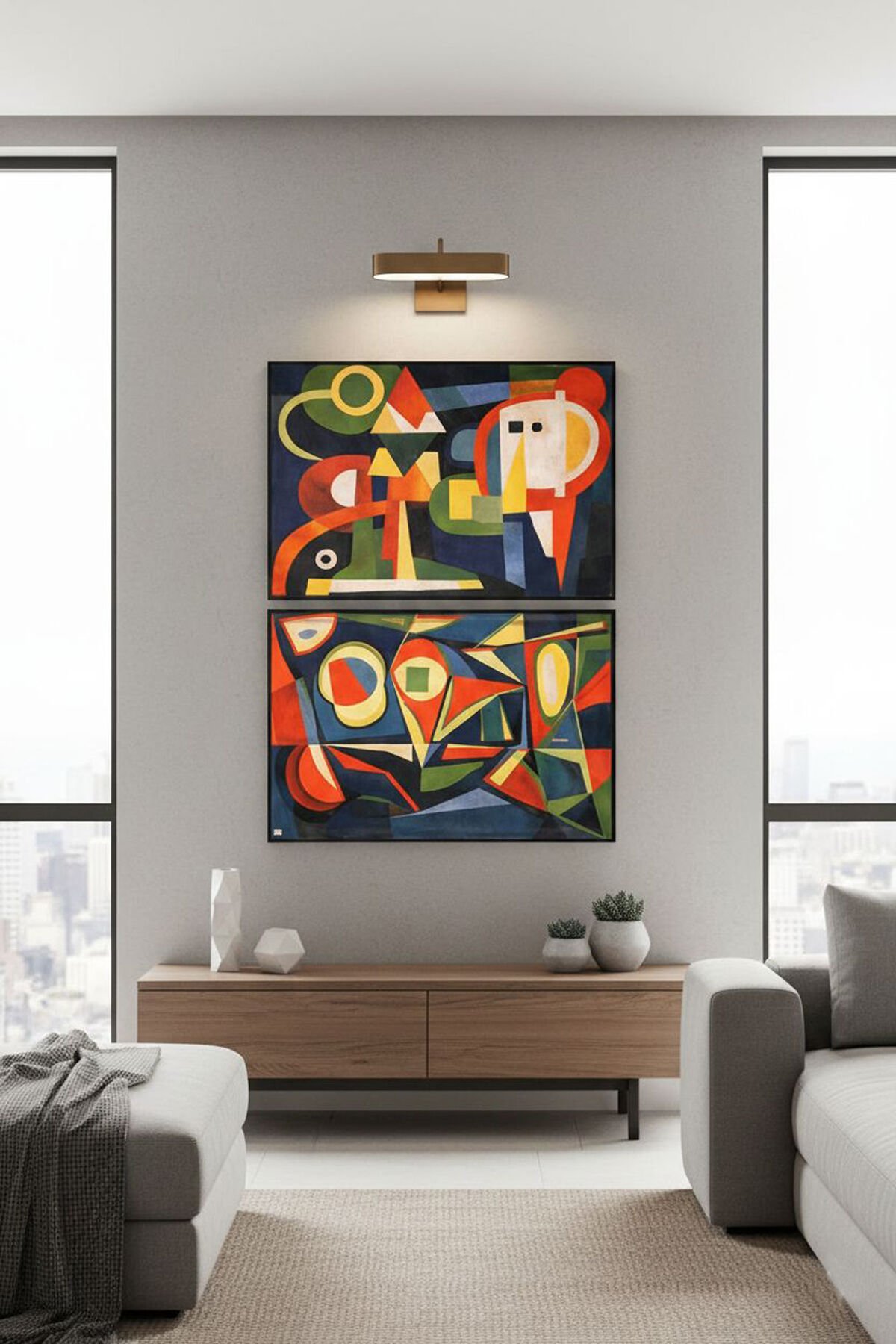 İkili Siyah Metal Çerçeve Soyut Sanatsal Modern Camlı Tablo Seti