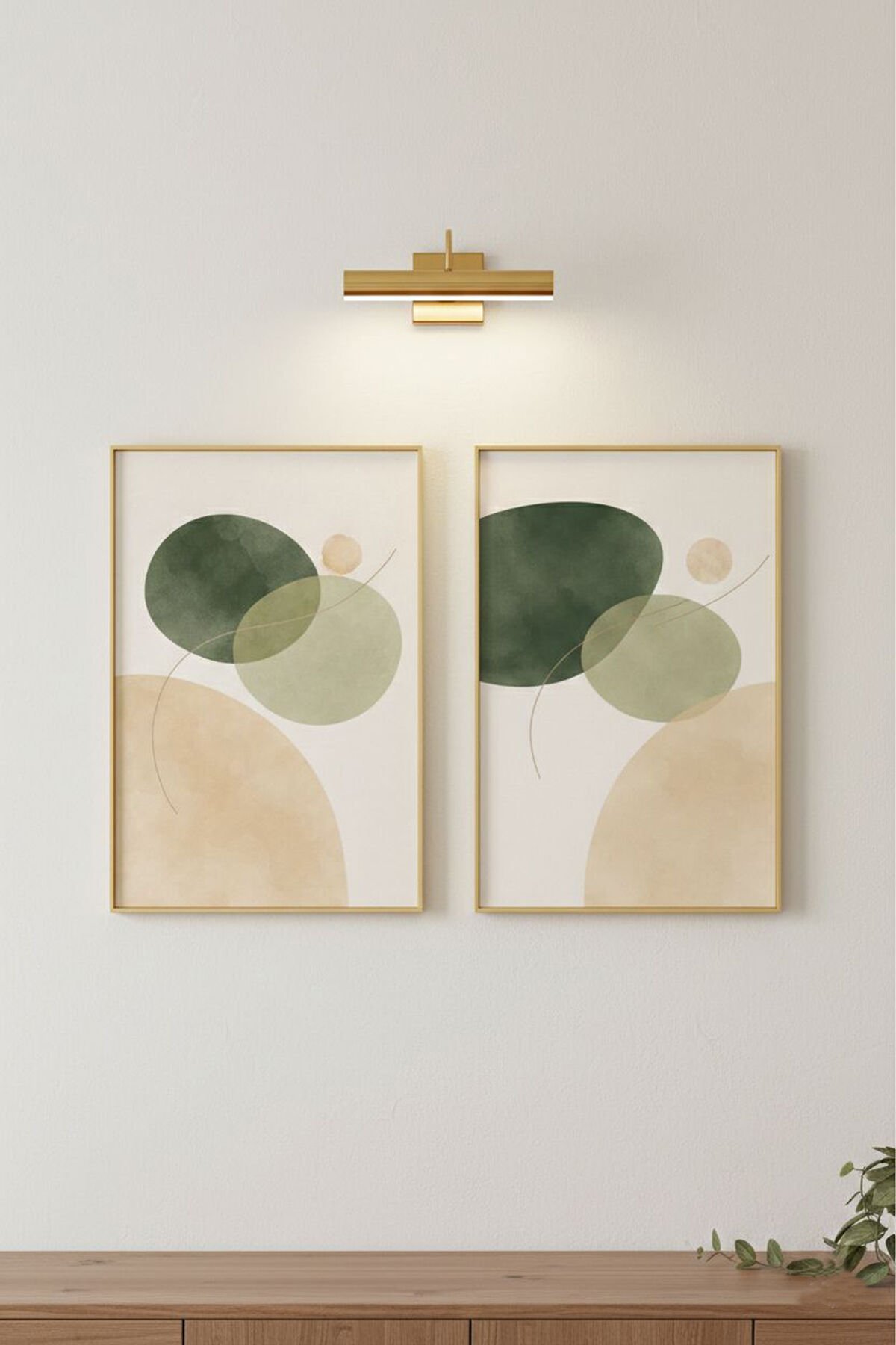 İkili Gold Metal Çerçeve Yeşil Krem Soyut Geometrik Camlı Poster Tablo Seti