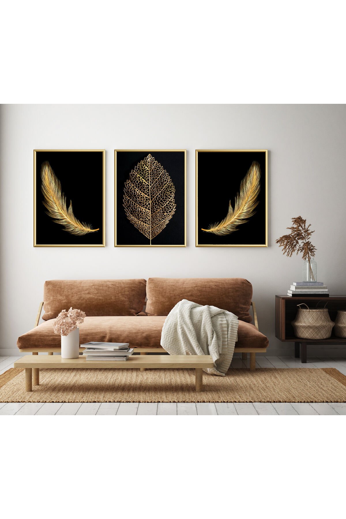 Üçlü Siyah Zemin Gold Alüminyum Çerçeveli Camlı Set