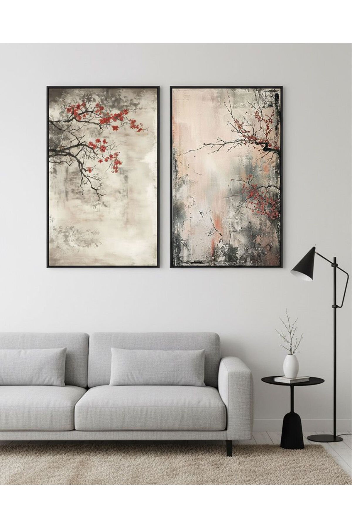 İkili Siyah Metal Çerçeve Kırmızı Gri Ağaç Camlı Tablo Seti