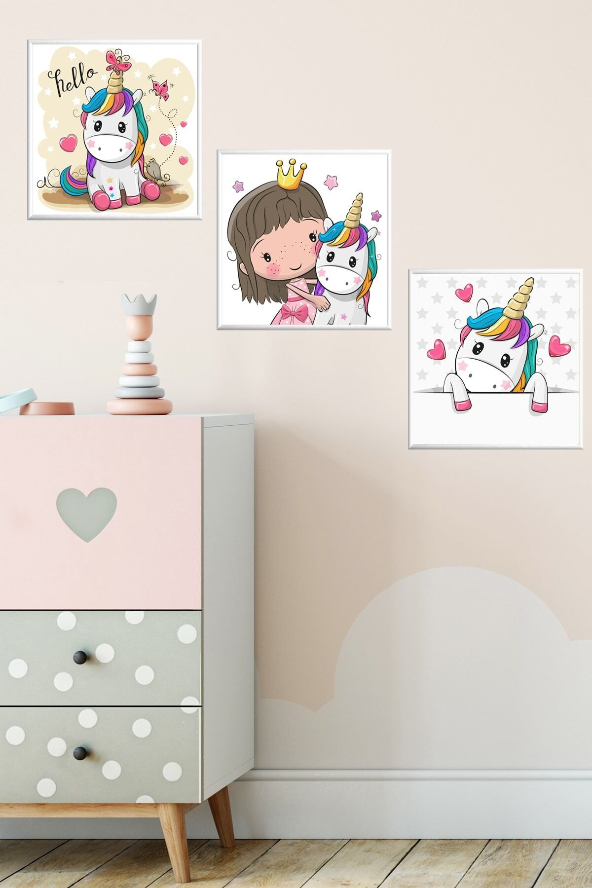 Üçlü Çocuk Odası Alüminyum Beyaz Metal Çerçeveli Camlı Kids Poster Tablo Seti