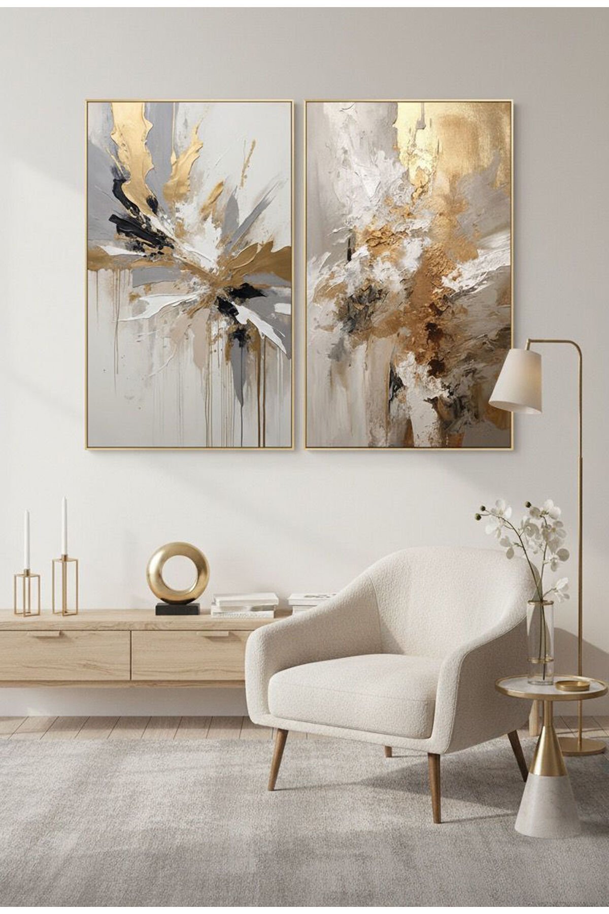 2li Gold Metal Çerçeve Gümüş Gri Camlı Tablo Seti