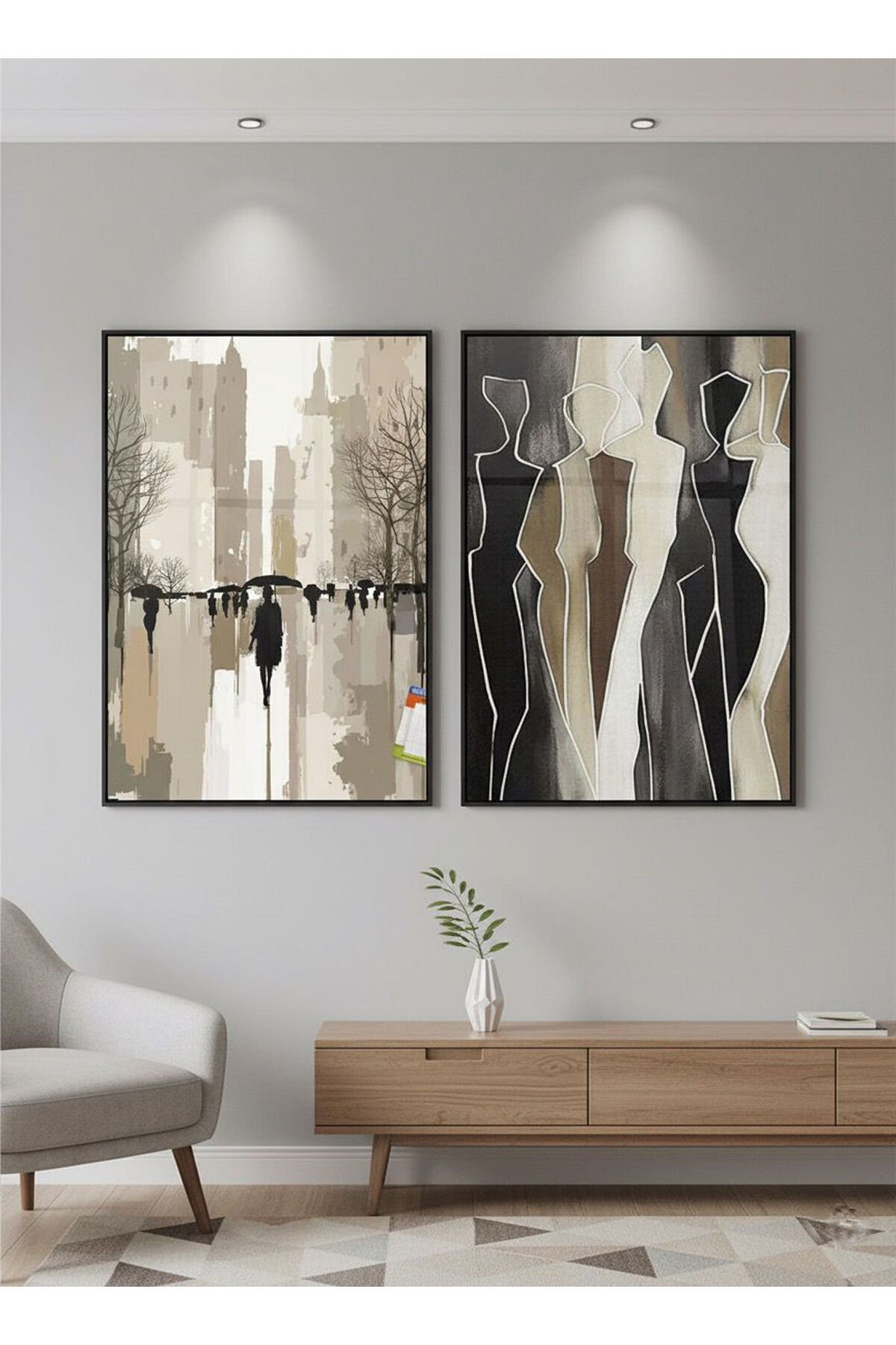 İkili Siyah Metal Çerçeve Gri Şehir Camlı Tablo Seti