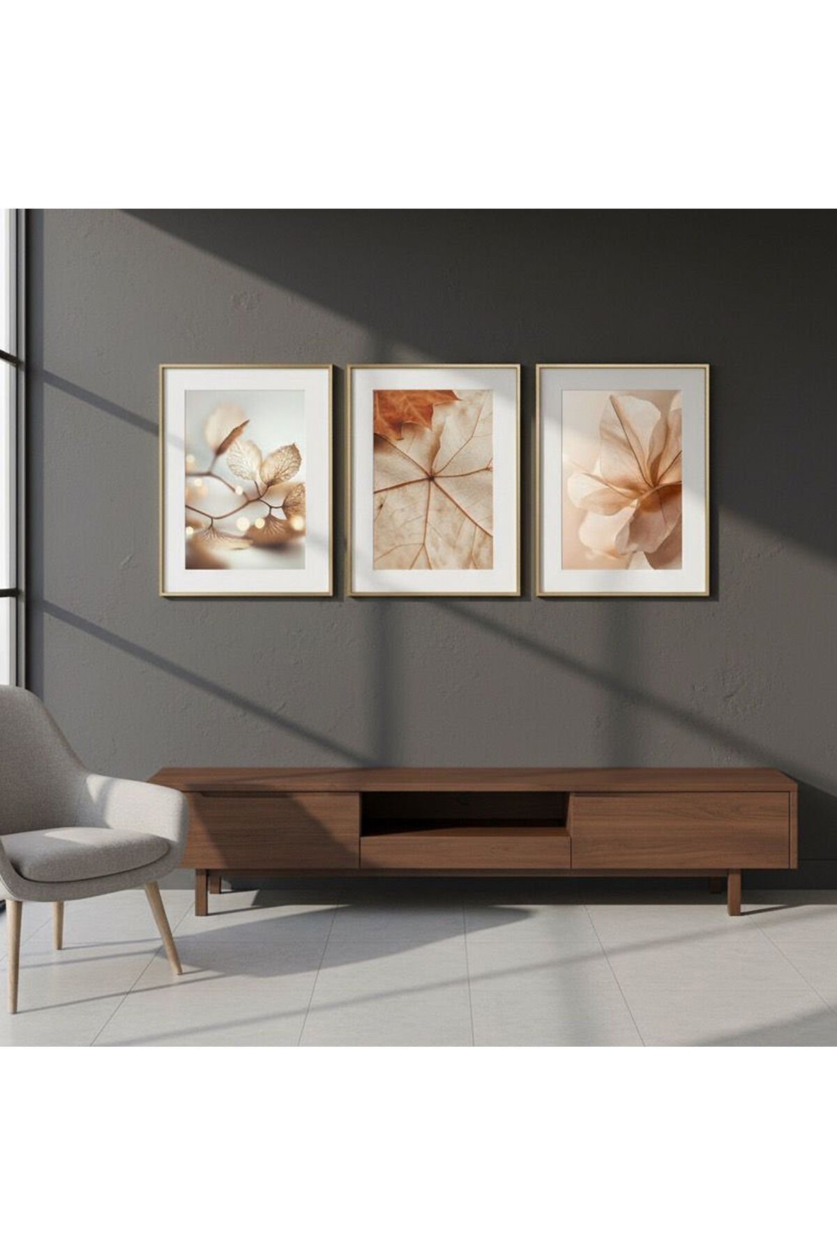 Üçlü Gold Metal Çerçeve Kuru Yaprak Poster Cam Tablo Seti