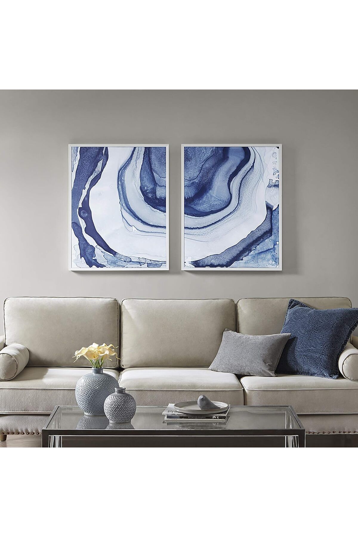 İkili Beyaz İnce Metal Çerçeve Mavi Mermer Cam Poster Tablo Seti