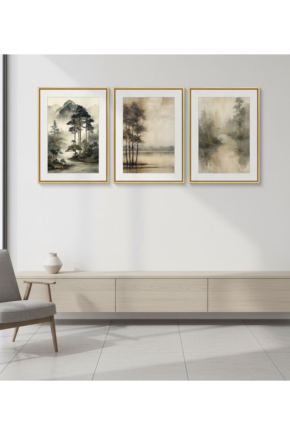 Üçlü Gold Metal Çerçeve Yaprak Siyah Poster Cam Tablo Seti